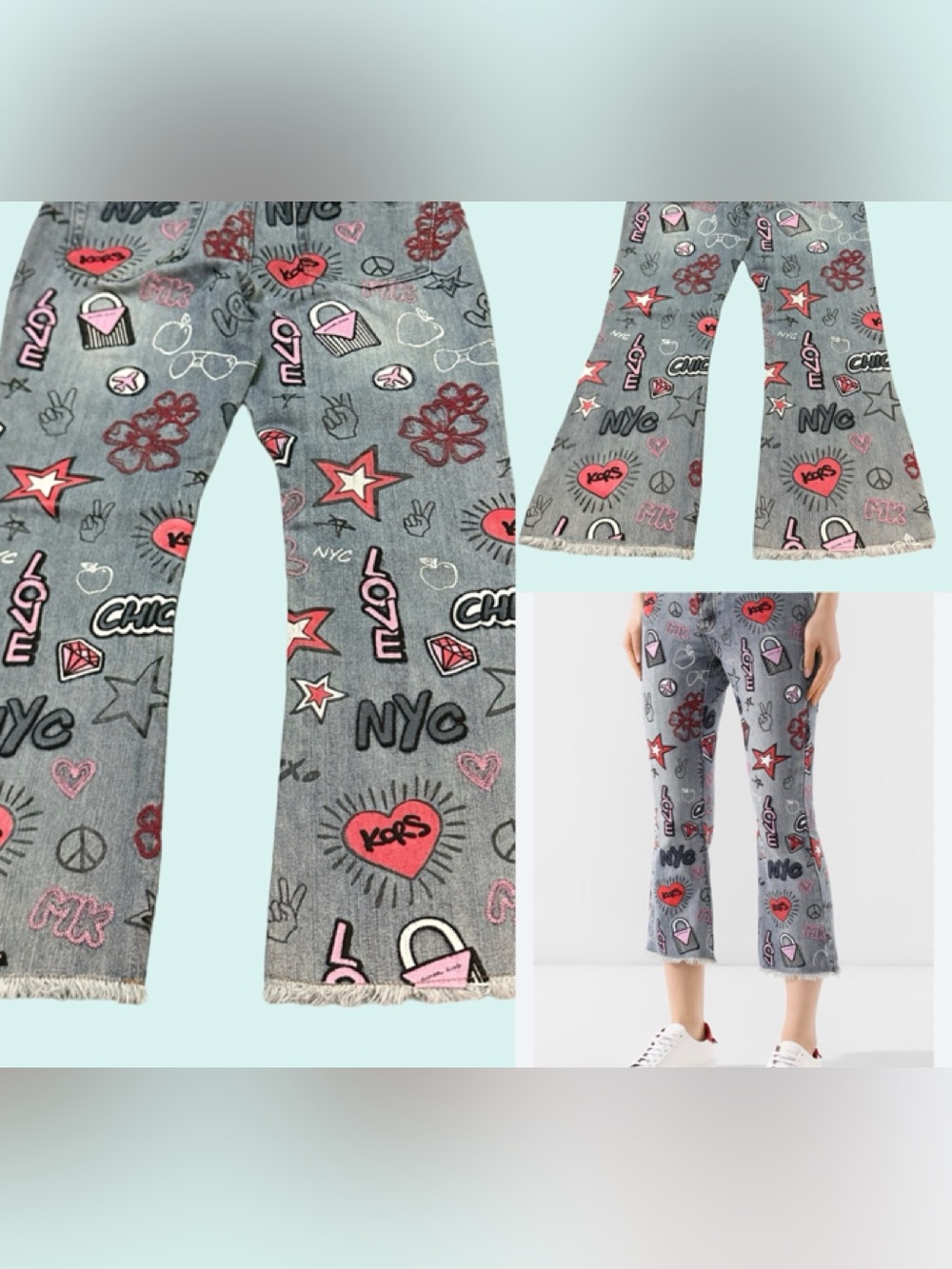 Michael Kors Gray Cropped Graphic NYC Jeans with Pink & Red Accents size 0